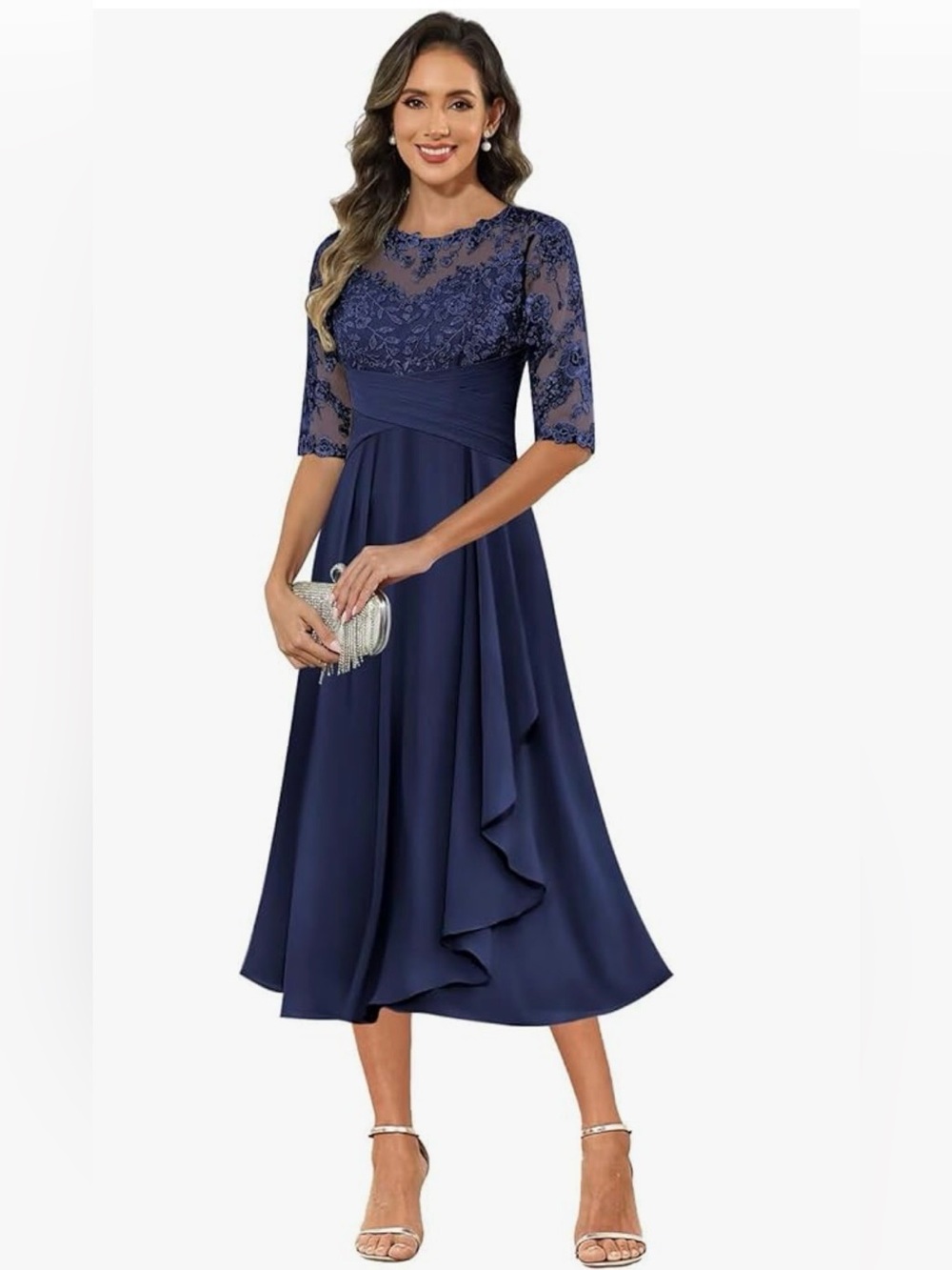 Elegant mother of the bride/groom Navy Embroidered Chiffon Maxi Dress Sz 20W